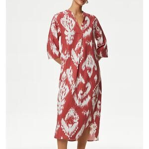 M&S Womens Linen Rich Printed V-Neck Tunic Dress 3/4 Sleeves Sienna Red Size 8